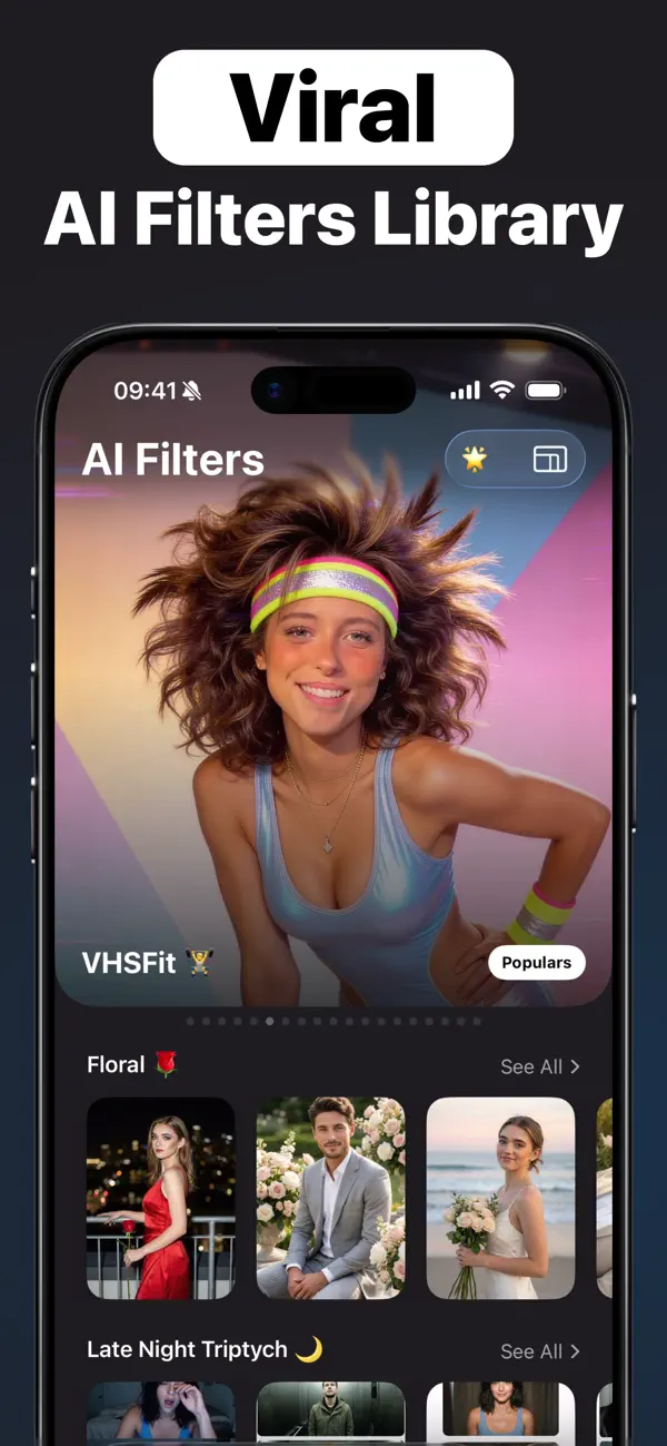 Viral AI filters library in Pictura photo editor for iPhone